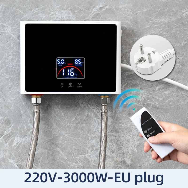 (220v-3000w - Enchufe Estándar Europeo) Calentador de Agua Eléctrico Instantáneo con Pantalla LCD de Temperatura y Control Remoto.