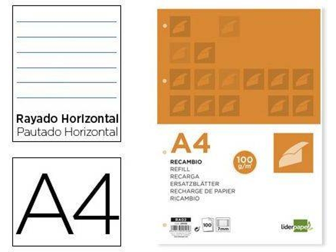 Recarga de Hojas LIDERPAPEL Pautado (A4 - 100 Hojas)