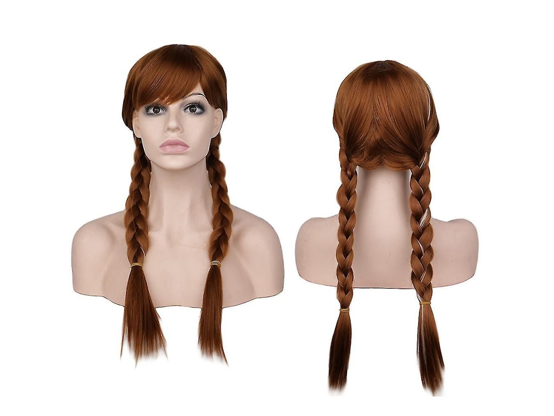 Peluca Belita Amy Frozen Anna trenzas dobles castaña. Cosplay sintética flequillo. Carnaval Halloween.