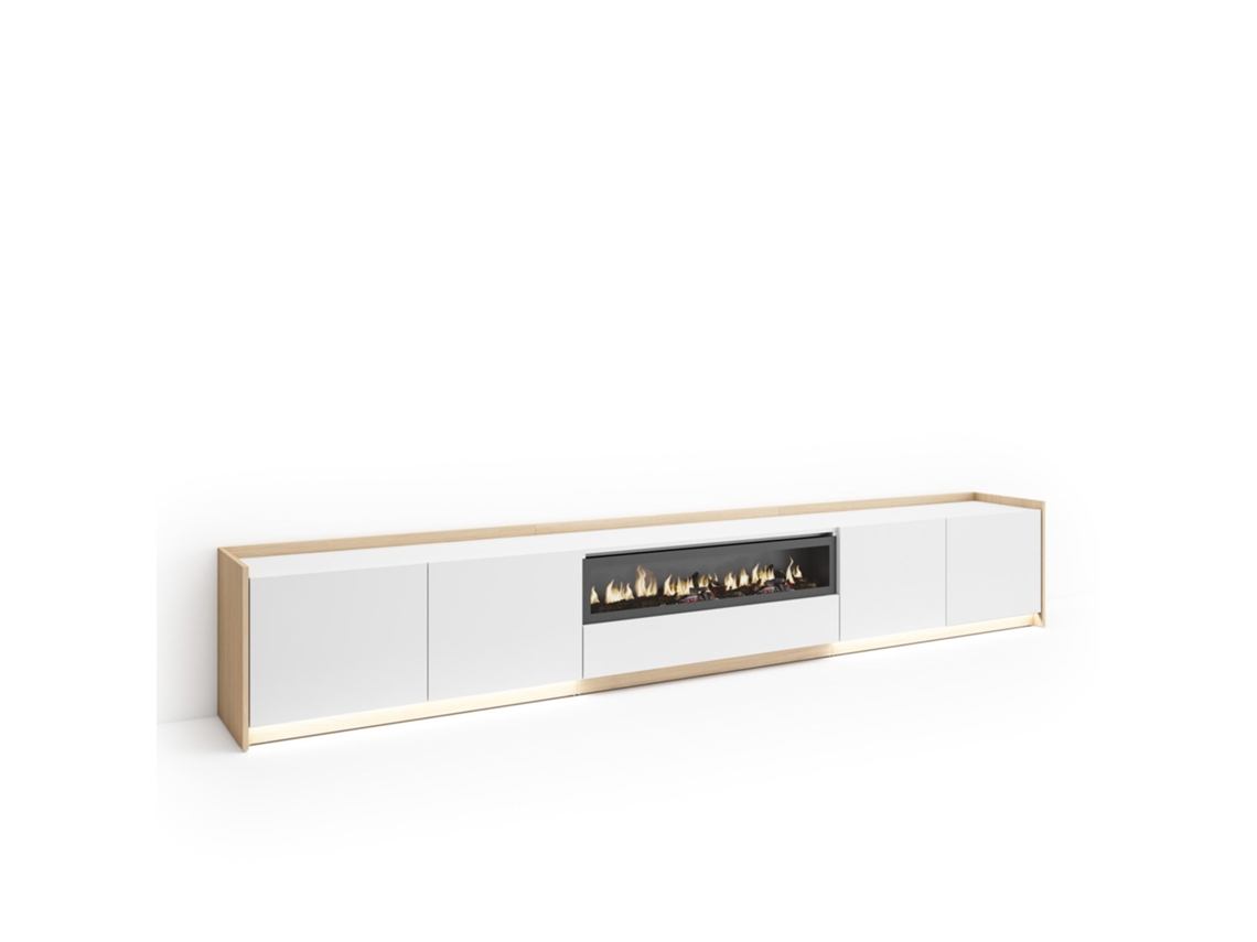 Mueble Tv, Televisión, 310x37x50cm, Para Tv Hasta 80", Chimenea Eléctrica, Led, Blanco Y Roble Soft
