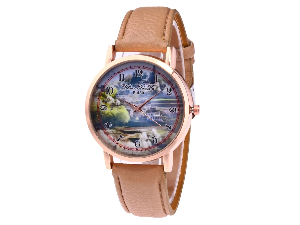 Reloj De Pulsera De Cuarzo Para Mujer Con Correa De Piel Sintética, Estilo Sencillo, Esfera Redonda Beige.