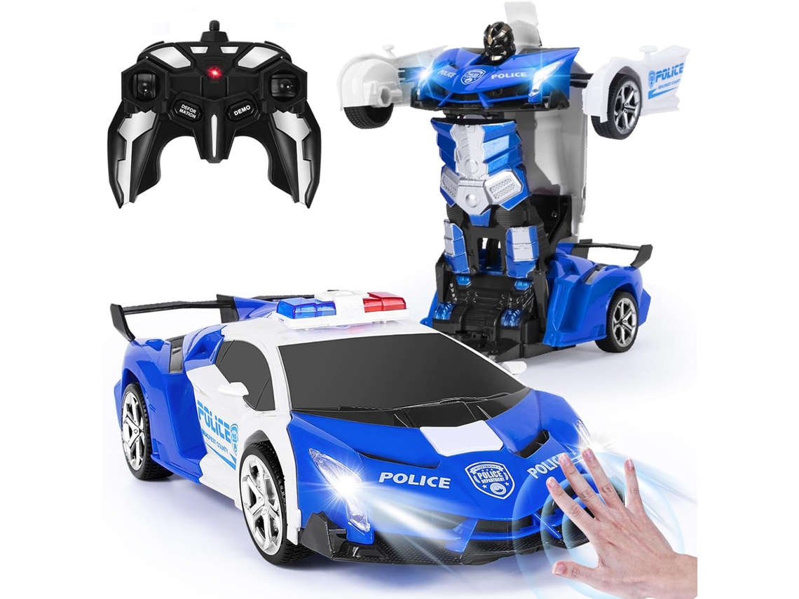 Coche de policía transformable de juguete, azul, teledirigido, con sensor de gestos, luces intermitentes, música y efectos de sonido.