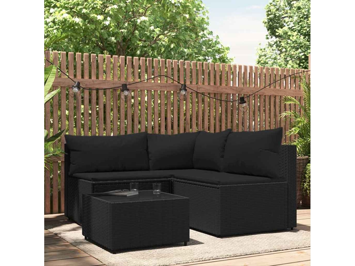 Conjunto de muebles de jardín con cojines de mimbre negros, Dkd Home Decor