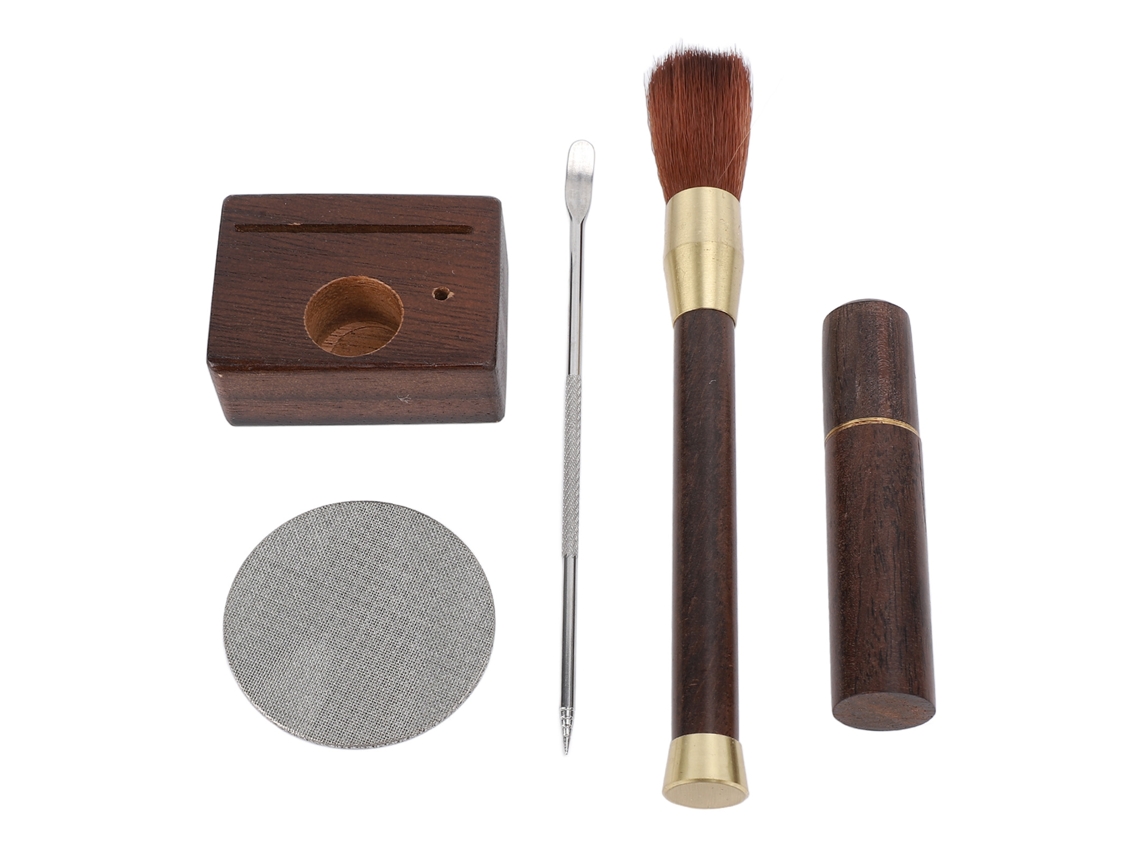 Kit distribuidor de café en polvo con aguja de acero inoxidable, cepillo de madera y base de almacenamiento