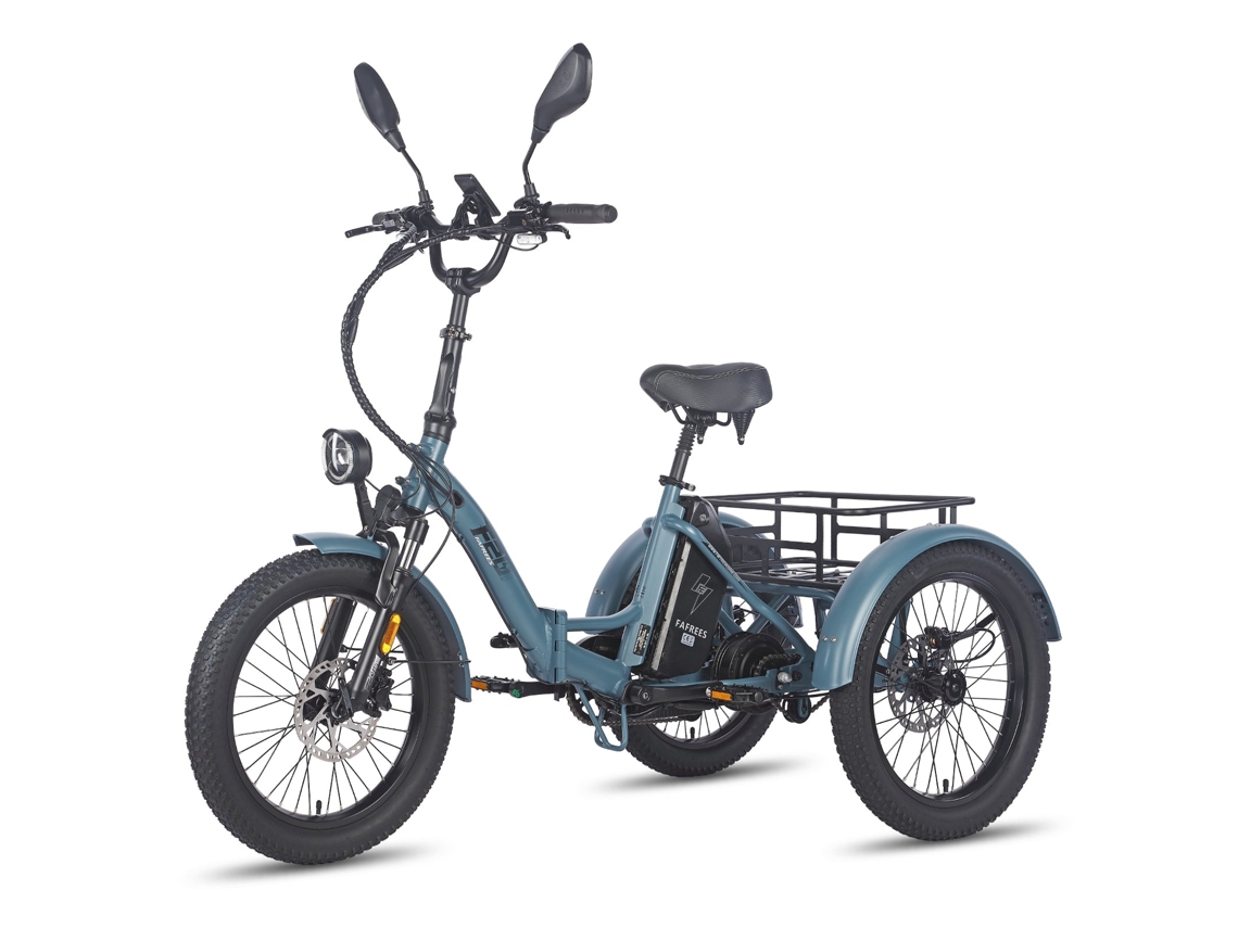 Triciclo eléctrico Fafrees F20 Mate con motor de 500 W, batería de 48 V y 21 Ah, freno hidráulico, neumáticos de 20 pulgadas, color azul y gris.