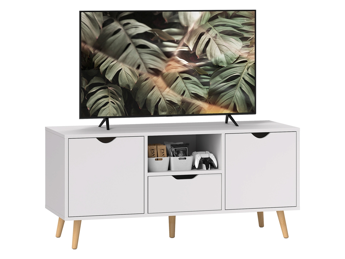 Mueble Para Tv De Hasta 50" Con Cajón, Estante Abierto Y Armarios, 110x40x50 Cm, Blanco Y Madera.