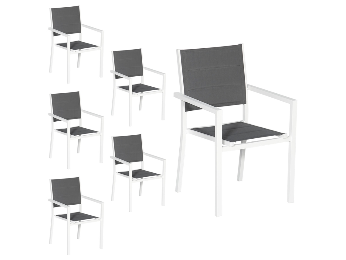 Juego de 6 sillas tapizadas de aluminio blanco - textileno gris HAPPY GARDEN