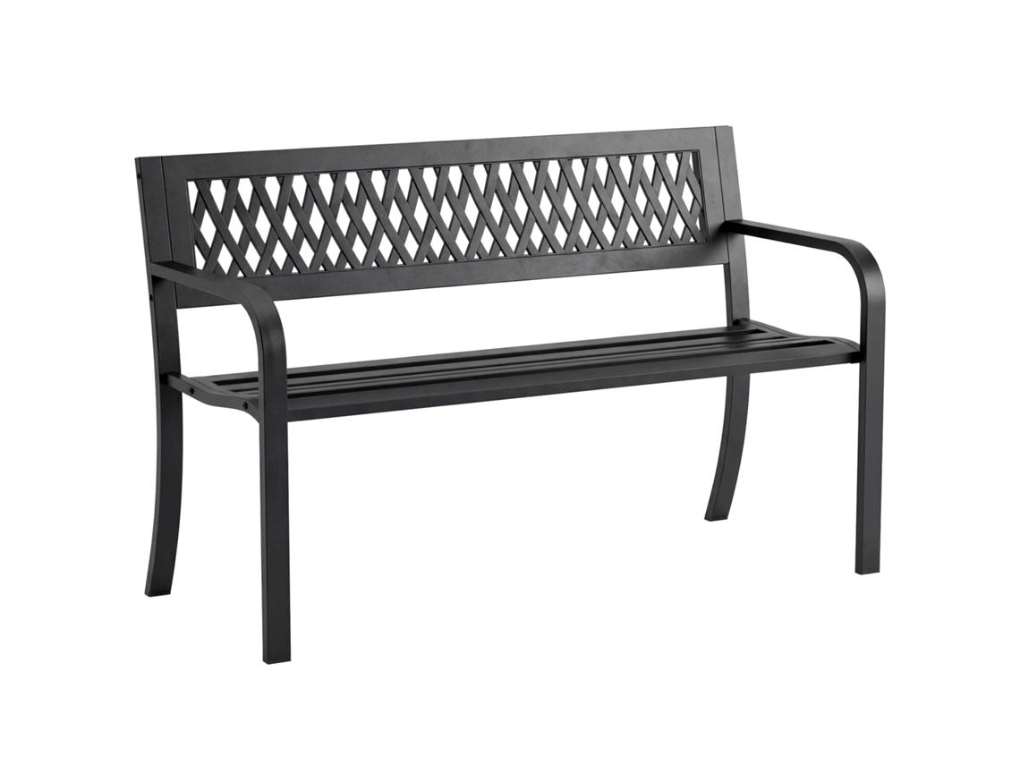 Banco De Jardín De Acero, 2 Plazas, Asiento De Listones, Reposabrazos, 119x50x75cm, Negro.