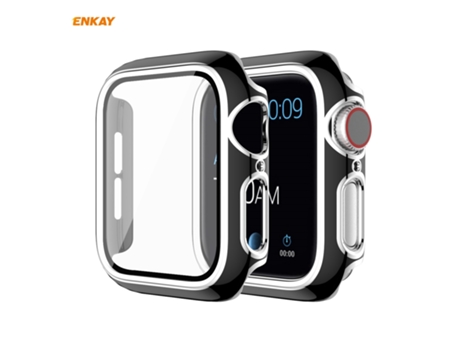 ENKAY Hat-Prince Estuche con pieza galvanizada de cobertura total + protector de vidrio templado para Apple Watch Series 6/5/4/SE 44 mm (negro + pl...
