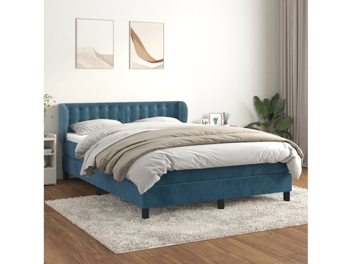 Cama Box Spring Con Colchón Terciopelo Azul Oscuro 140x190 Cm
