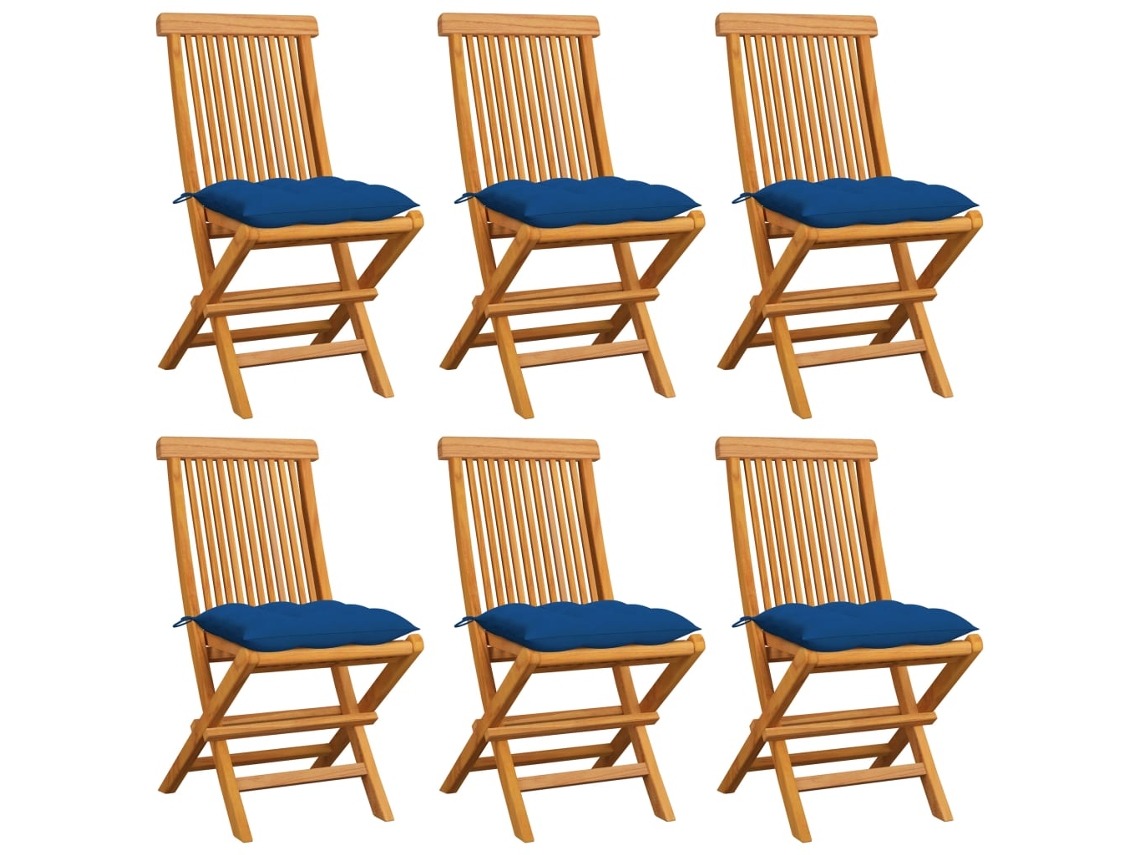 Sillas de jardín DKD Home Decor de 6 piezas con cojines azules en teca maciza
