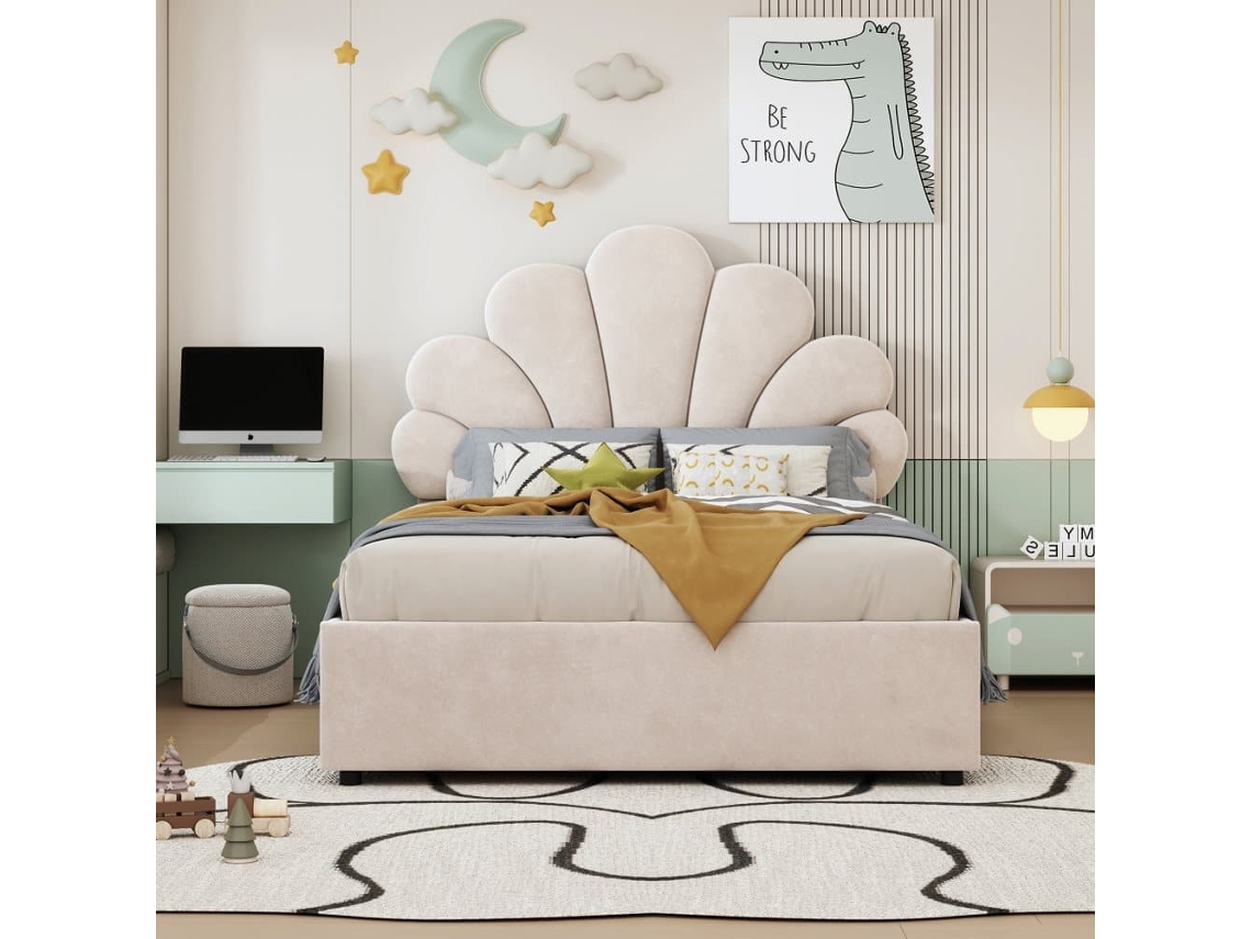 Cama Con Almacenaje Acolchada De Terciopelo - 90x200cm - Cabecero En Forma De Flor - Con Somier De Láminas - Beige