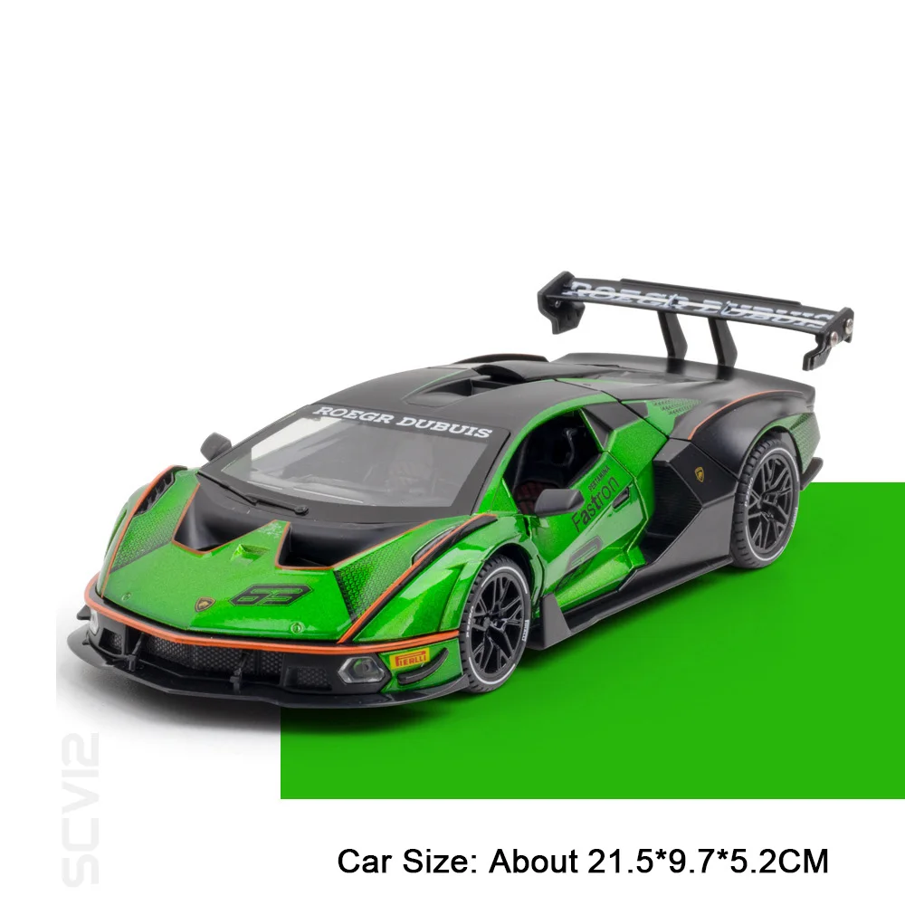 (svj63 Verde) 1:24 - Coche deportivo en miniatura - Juguete - Metal fundido a presión - Efectos de sonido y luz - Puertas que se abren