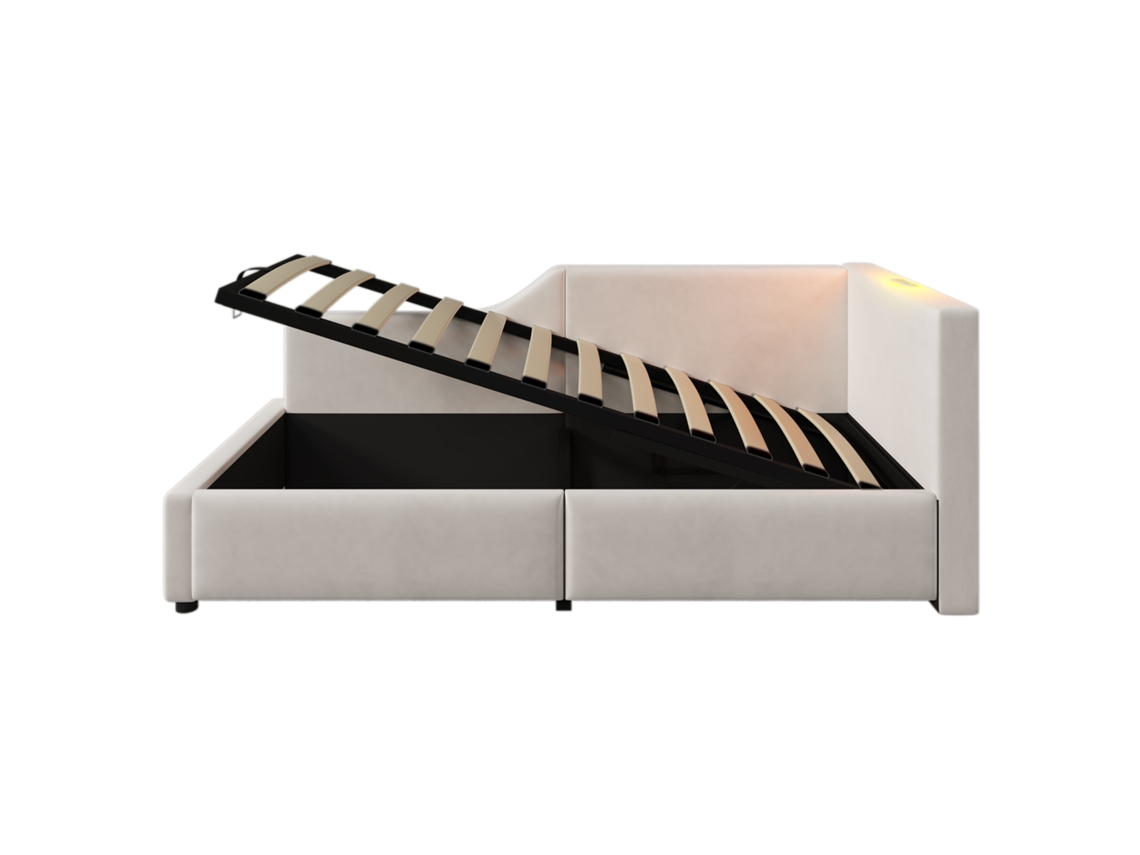 Sofá cama contenedor con luz de lectura y puertas, base de carga, muebles de madera, terciopelo beige (90 x 190 cm)