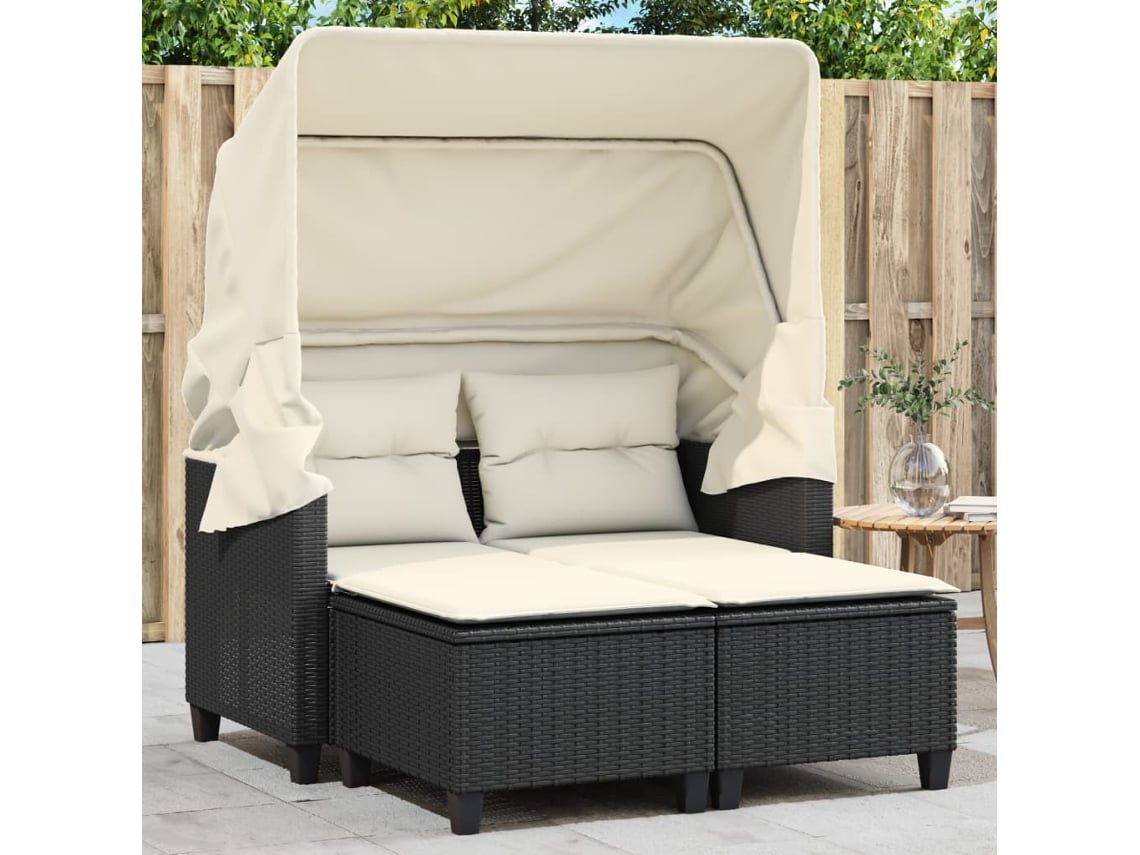 Sofá de jardín de 2 plazas con toldo y bancos en mimbre negro PE Dkd Home Decor