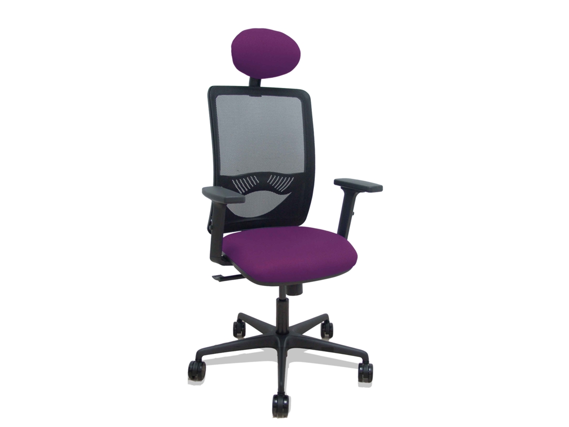 Silla de oficina Zulema con mecanismo sincronizado, tapizada en tela morada y malla negra.