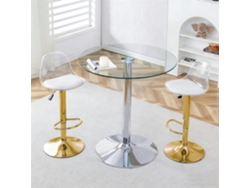 Mesa de bar de cristal de 89 cm con 2 taburetes giratorios dorados.