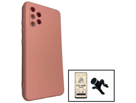 Kit Cristal Templado CeramicGlass Full Cover, Funda Silicona y Soporte Magnético de Coche Reforzado Samsung Galaxy A32 4G PHONECARE Rosa