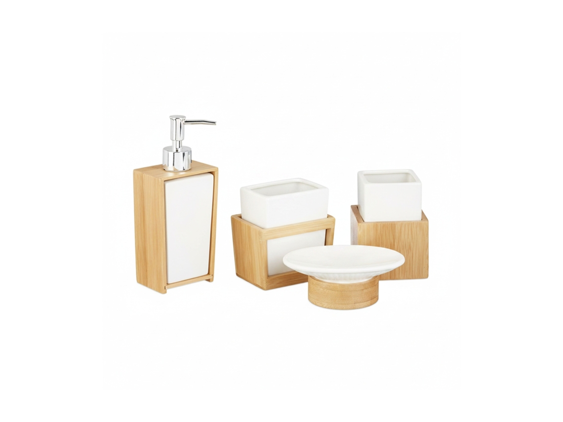 Relaxdays Juego De Accesorios De Baño Moderno, Bambú-cerámica, Beige-blanco, 4 Unidades