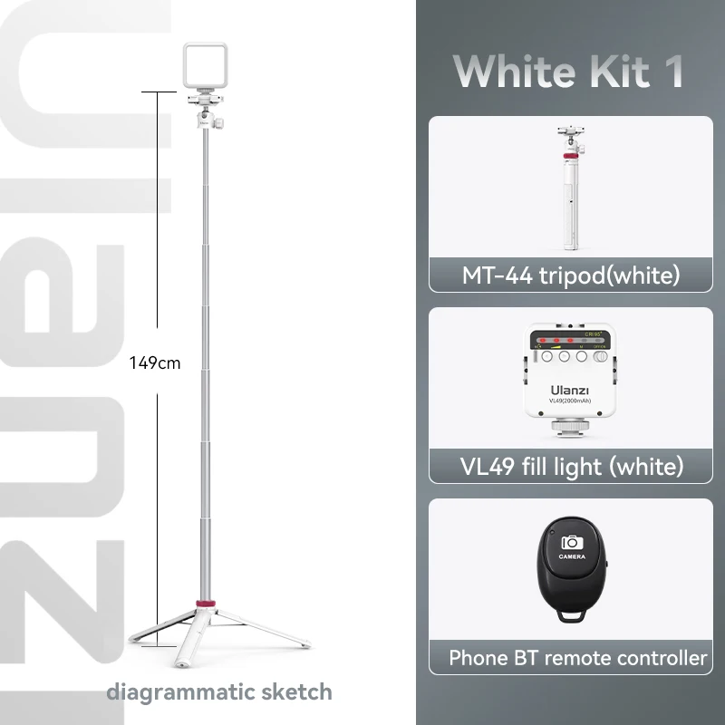 Trípode extensible para transmisión en vivo MT-44, 106,7 cm, con soporte para teléfono móvil, grabación vertical, para teléfonos móviles y DSLR, Kit 1, blanco
