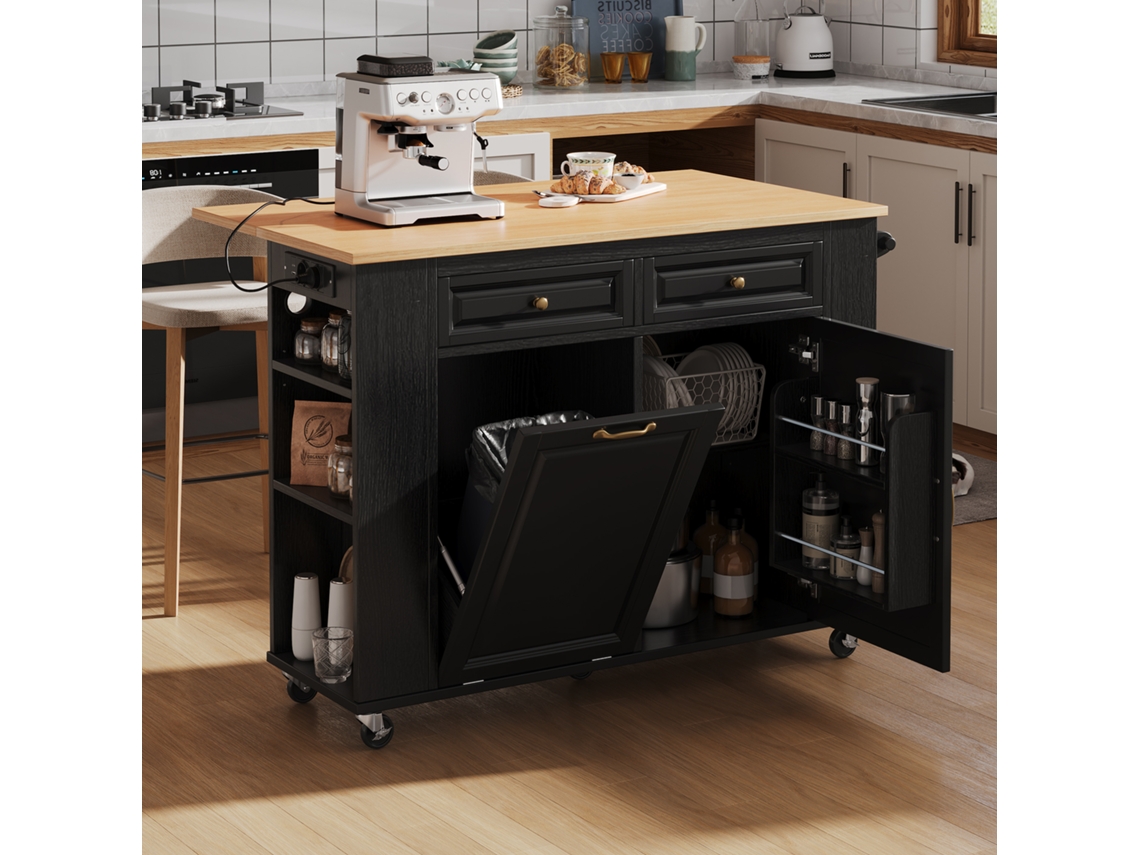 Isla De Cocina Con Ruedas, Cubo De Basura Extensible, Toallero Y Enchufes, Color Negro.