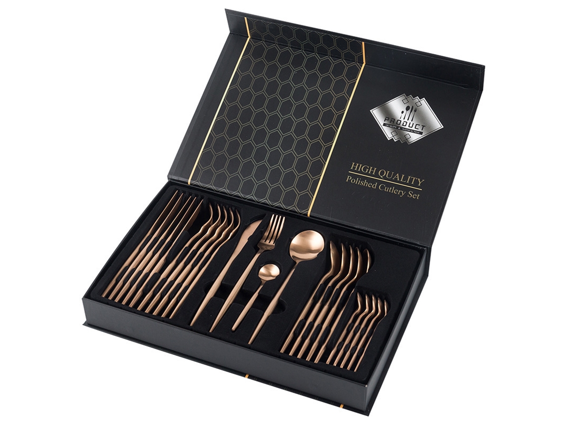 Juego de cubiertos MDUG de acero inoxidable de 24 piezas (cuchillo, tenedor y cuchara) (oro rosa)