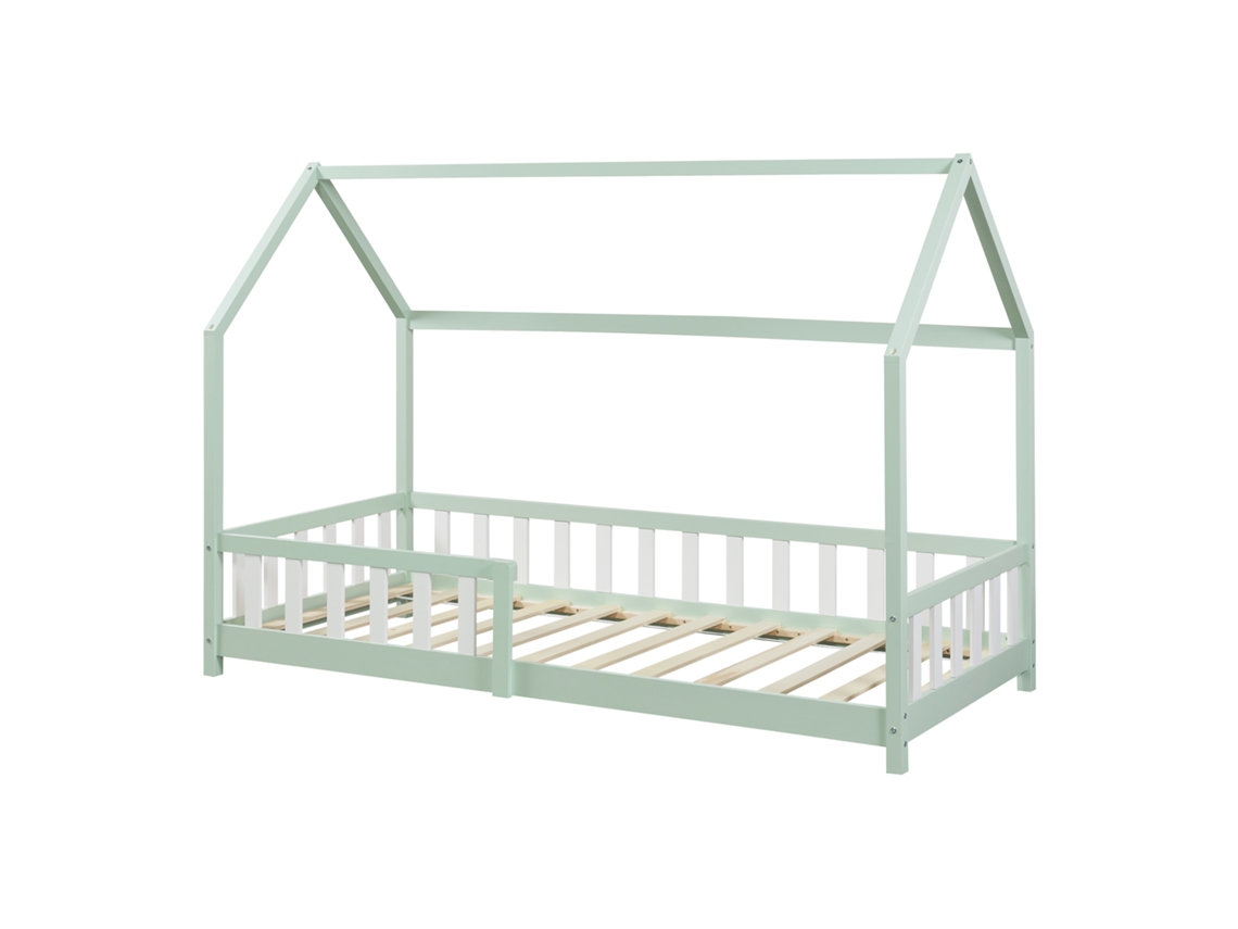 Cama infantil Hesel en forma de casa pino con reja 90x200cm - Verde menta [EN.CASA]