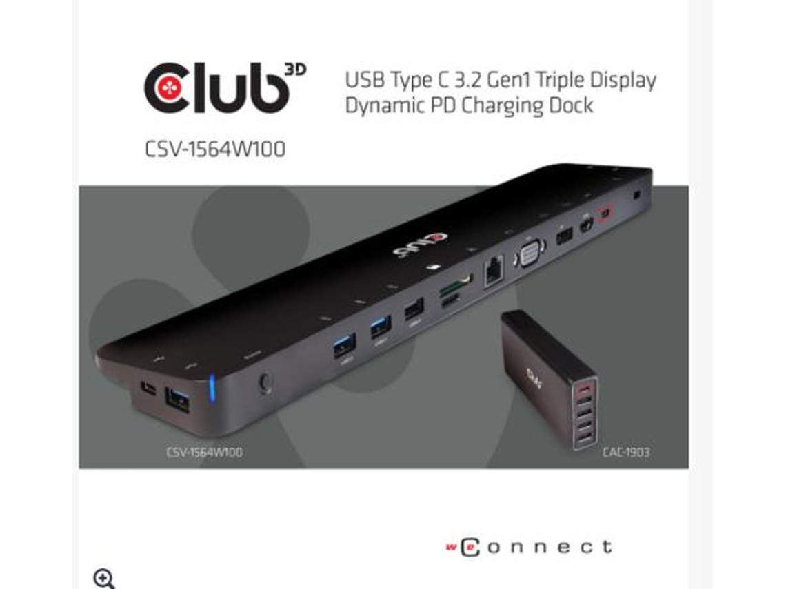 Club3D Usb 3.2 Gen1 C Triple Display Dynamic 100W Pd Base de carga. Los 5 puertos USB-A que acoplan Usb 3.2 Gen 1 3.1 Gen 1 Tipo-C Negro