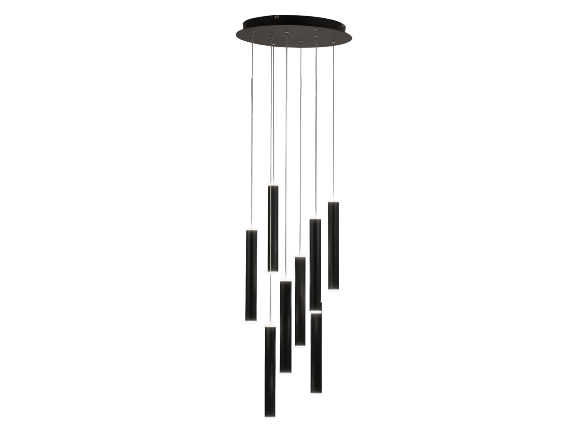 Lámpara colgante circular Fabas Luce Prado con 8 bombillas LED regulables de 52 W, rosetón redondo en negro mate
