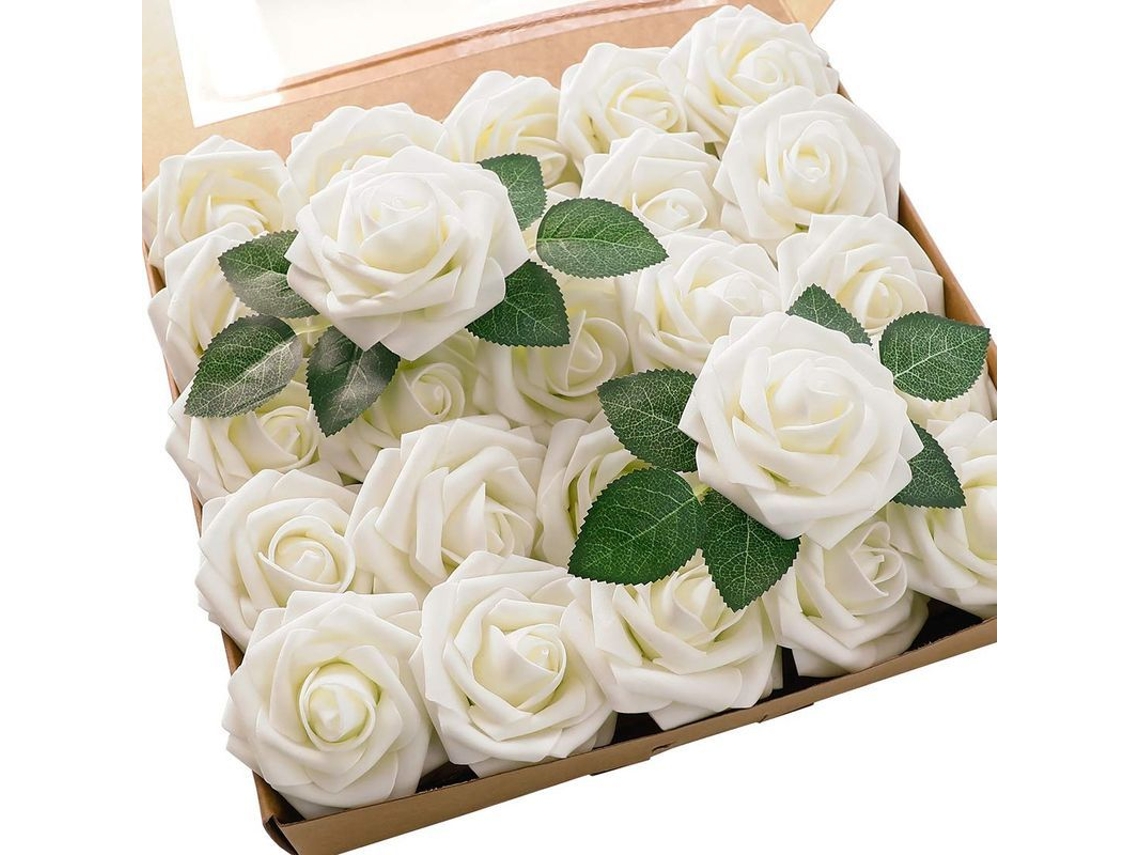 25 Rosas Artificiales De Látex Color Marfil Con Tallos Para Ramo De Novia Hecho A Mano