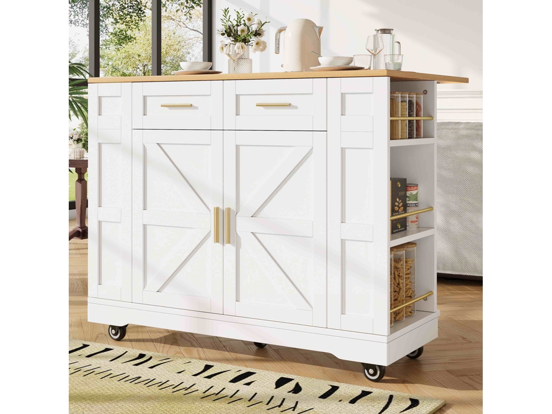 Isla de cocina central móvil con bandeja extensible, 2 cajones y 2 puertas con estantes abiertos, estilo MDF blanco natural