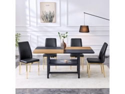 Conjunto Mesa Comedor 160x90x76 Cm - Mesa Rectangular Con Estante Multifuncional + 4 Sillas Negras De Cuero Sintético - Negro+dorado, Blanco