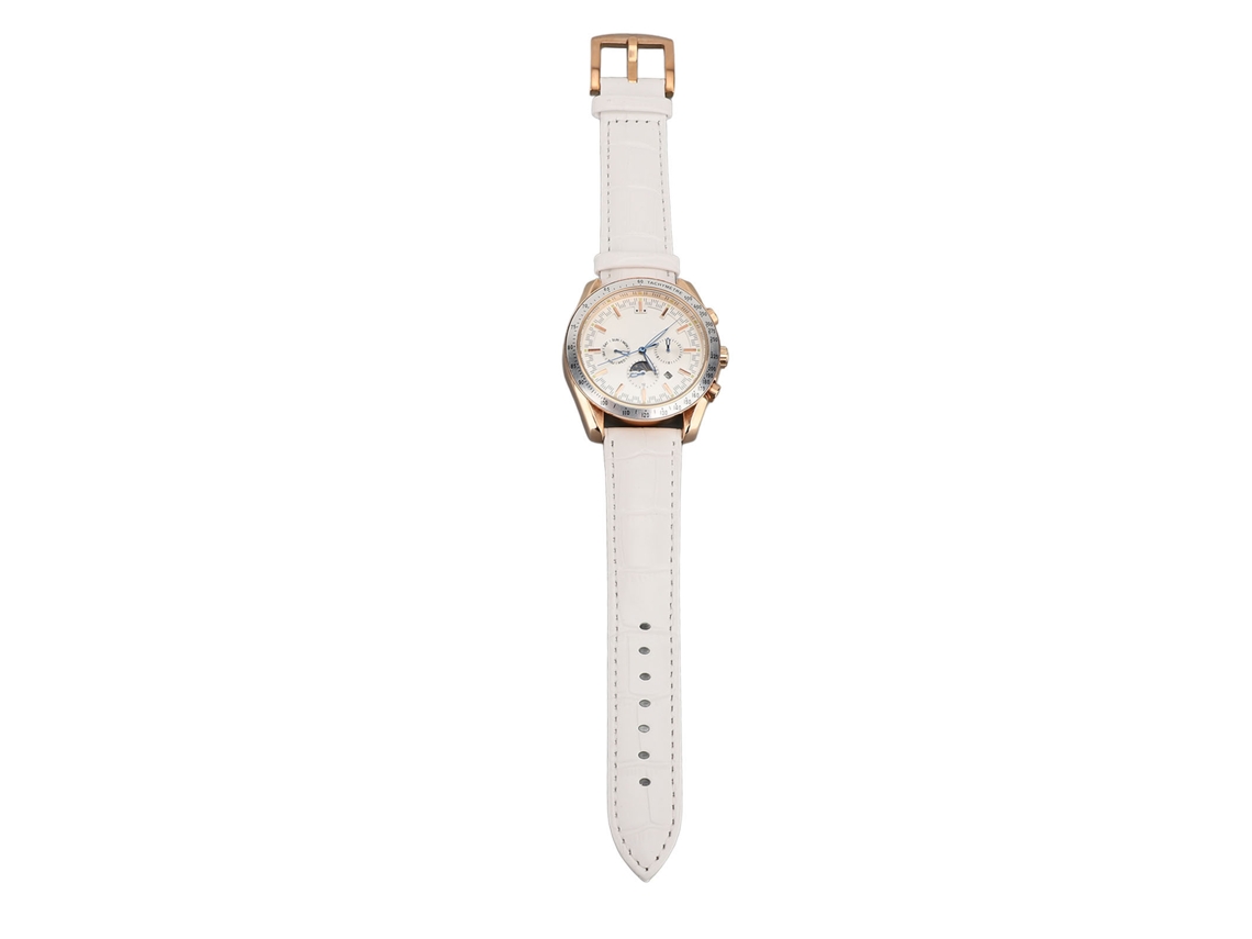 Reloj Mecánico Automático Para Hombre Con Fase Lunar Y Cronógrafo, Correa De Piel Sintética Blanca.