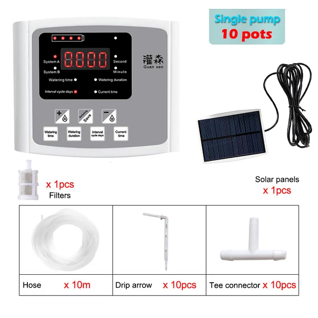 Sistema de Irrigação por Gotejamento para Jardim , com Controlador de Tempo e Energia Solar. MDUG (bomba Única, Cinza, Mangueira de 10 Metros)