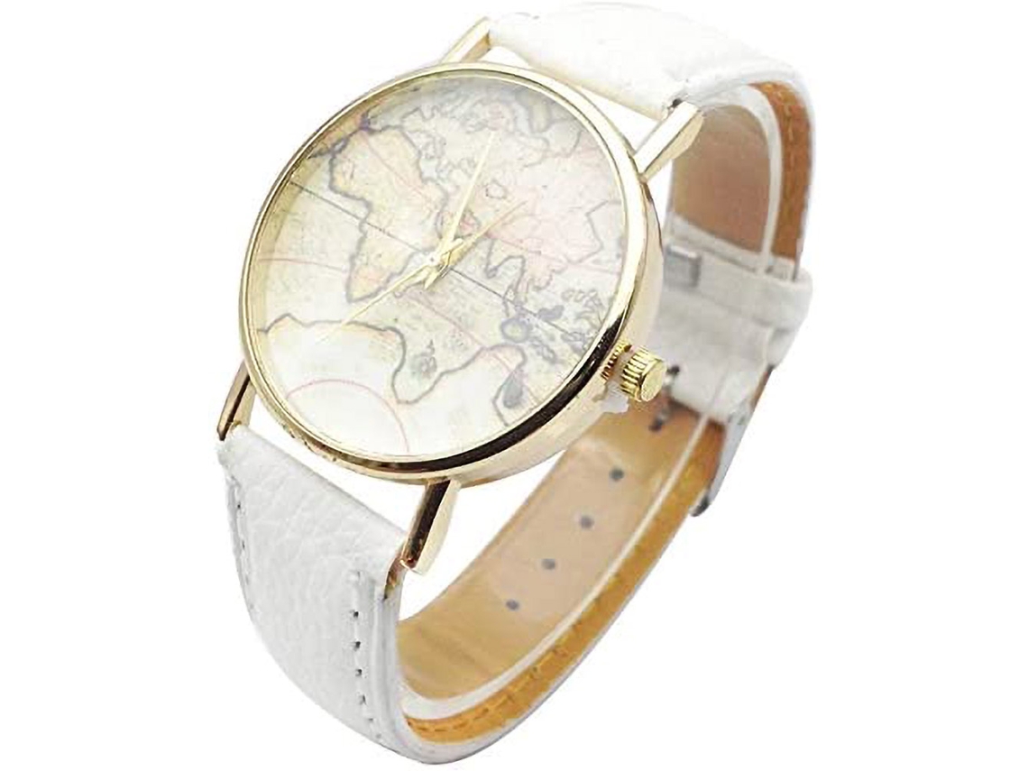 Reloj De Pulsera De Mujer Con Mapa Mundial Cuarzo Dial Redondo Correa De Cuero Blanco