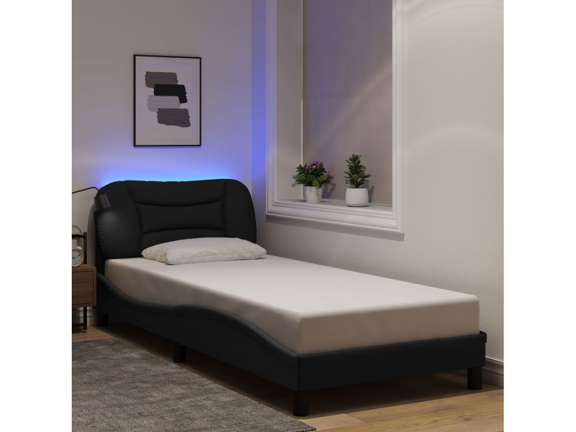 Estructura Cama Con Led Sin Colchón Tela Negro 90x200 Cm