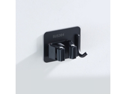 Soporte de acero inoxidable para escobas y fregonas - No requiere taladrar, instalación con pegamento, con gancho, color negro, multifuncional para baño y aseo.
