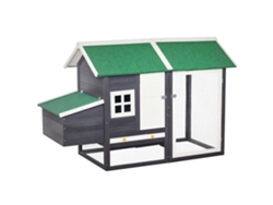 Gallinero de madera gris de 170x81x110 cm para uso exterior. Incluye ponedero, estructura metálica y techo desmontable. Práctico y seguro para las gallinas.