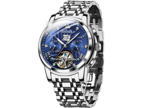 VEANXIN Reloj automático para hombre con calendario, acero inoxidable, luminoso, resistente al agua(Azul plateado)