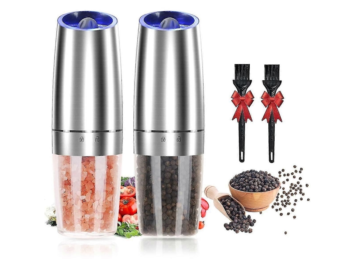 Juego de molinillos eléctricos de sal y pimienta (alimentación por gravedad), con ajuste de molienda, funciona con pilas. GOKOCO