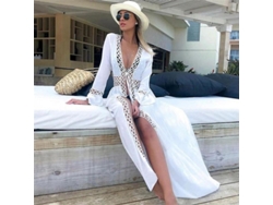 Bata De Playa Larga Maxi Para Mujer, Bata Blanca Con Cuello En V, Pareo, Túnica, Traje De Baño, Moda Casual De Verano Vfa