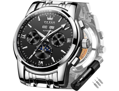 VEANXIN Reloj mecánico automático Tourbillon de acero inoxidable resistente al agua con fecha luminosa para hombre(Correa blanca y cara negra.)