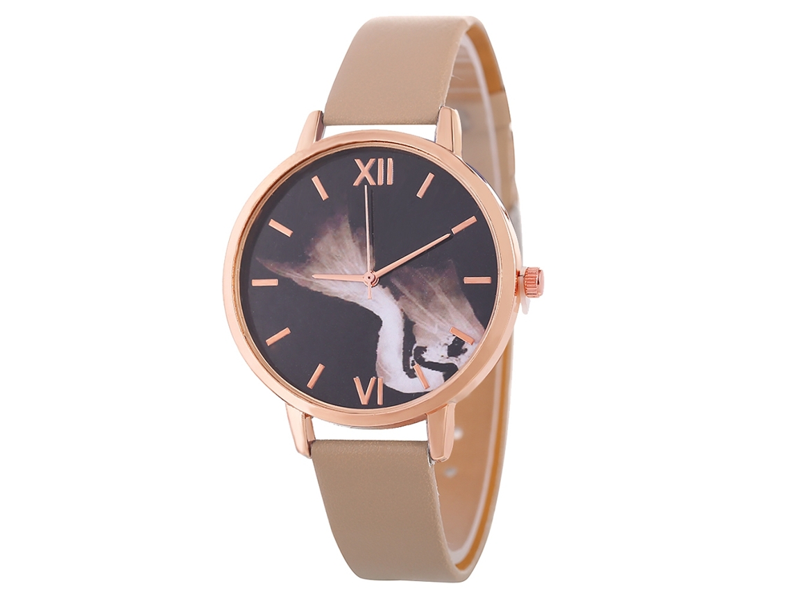 Reloj De Pulsera De Cuarzo Para Mujer Con Correa De Piel Sintética, Estilo Sencillo, Esfera Redonda Beige.