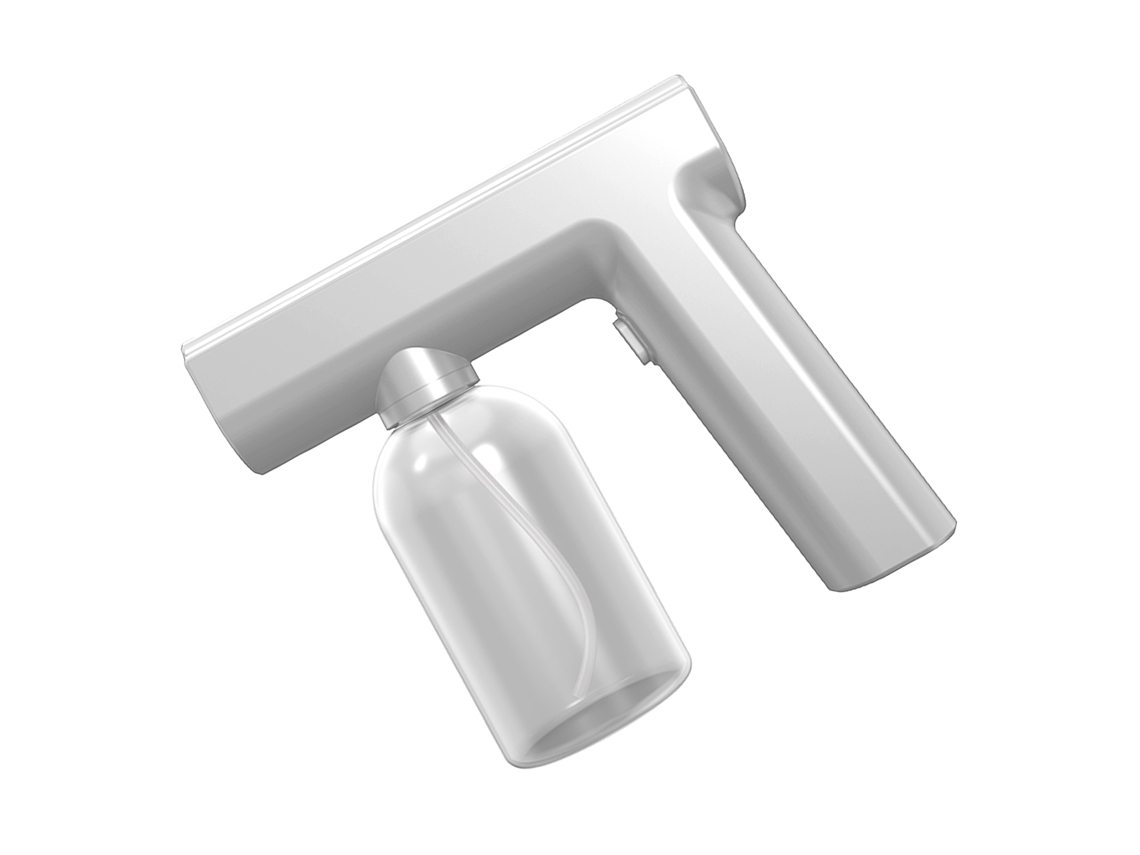 Pistola desinfectante inalámbrica recargable con luz azul y atomizador portátil ajustable.