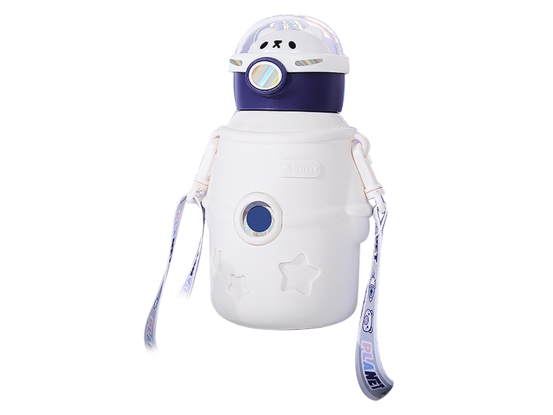 Botella De Agua Infantil De 500 Ml, De Acero Inoxidable Con Aislamiento Al Vacío Y Pajita, Color Blanco.