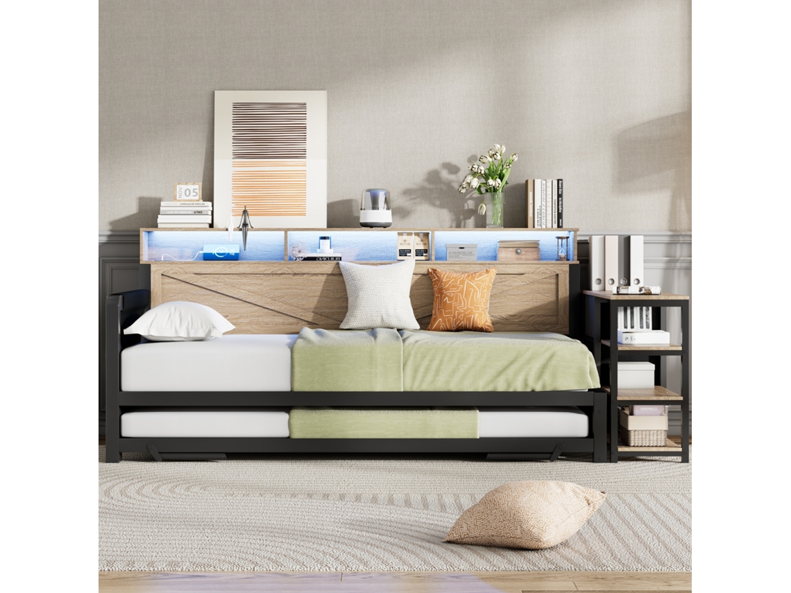 Sofá Cama 90x200cm, Convertible Con Cajones, Almacenamiento, Led, Usb-c, Práctico, Robusto 120kg, Sin Colchón, Negro