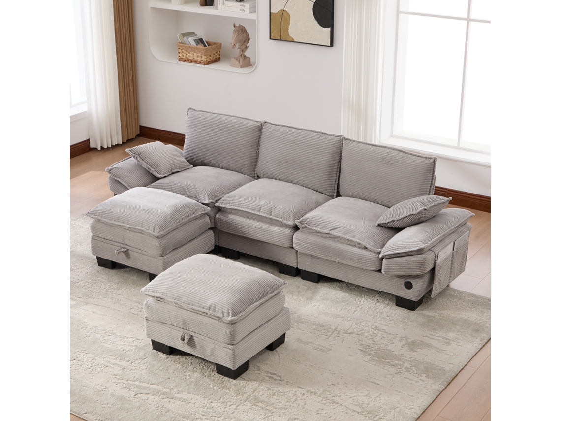 Sofá Modular 3 Plazas - Asiento Ancho, Diseño Ergonómico, Espuma De Alta Densidad, Puerto Usb-c Y Bolsillos Laterales - Gris Claro