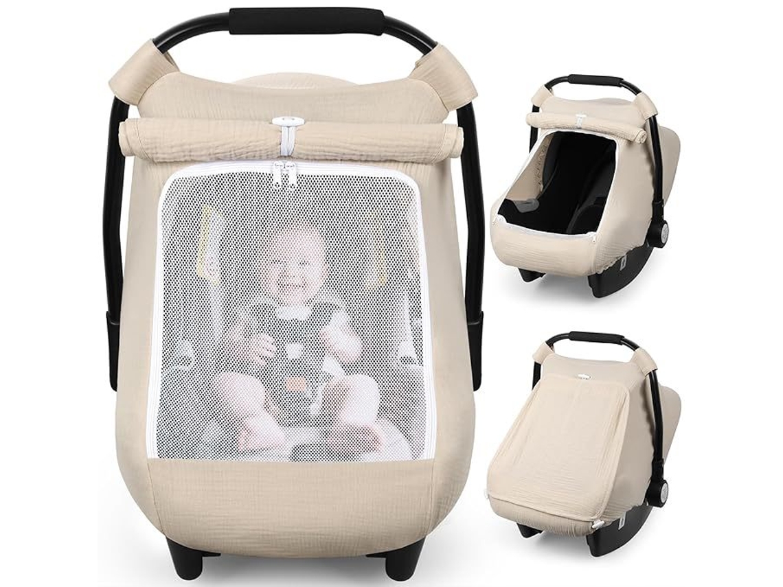 Funda para asiento de coche Chrui Baby con malla grande y ventana para protegerse del sol, ideal para verano y días calurosos (beige)