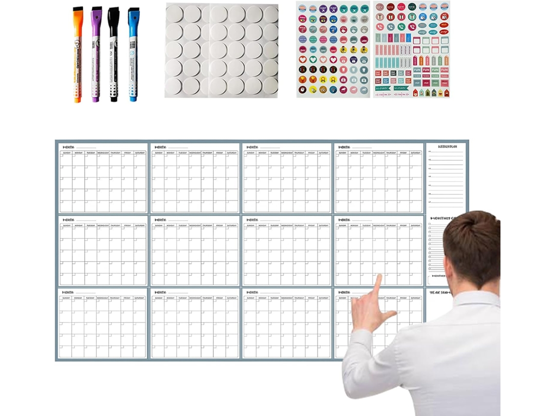 140 x 86 cm, Calendario grande para escribir y borrar, en blanco, para hombres, estudiantes y profesores.