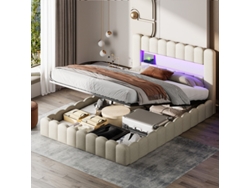 Cama Matrimonial Led Con Almacenaje Hidráulico 180x200 Cm - Cama Nido De Tela De Lino Beige, Usb Y Control Por App, Diseño Moderno